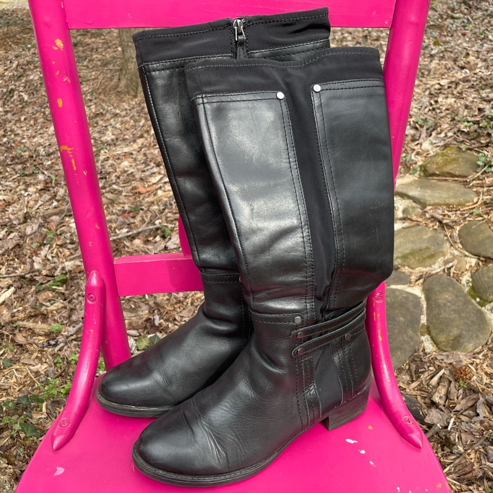 Franco Sarto Candy 2 Black Leather Riding Block Heel Boots Women's US Size 8.5